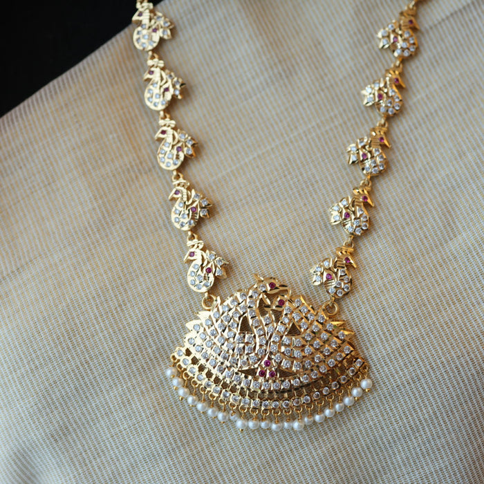 Heritage gold plated white padakam long necklace with earrings HL166