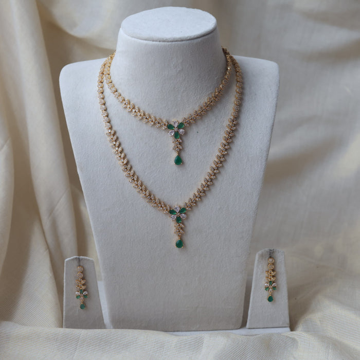 Heritage gold plated green and white stone long and short necklace with earrings HLS123