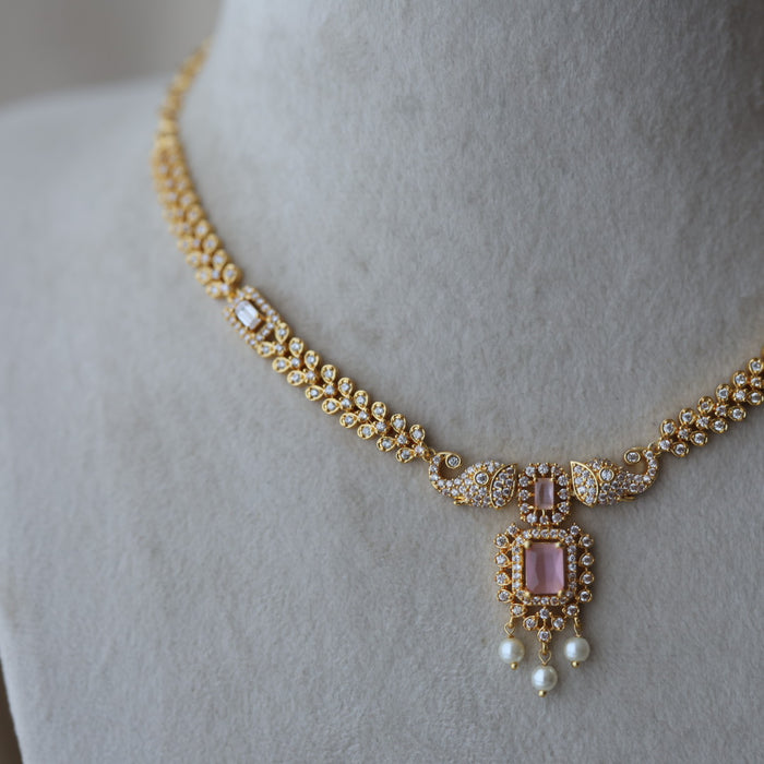 Heritage gold plated pink stone short necklace with earrings H7828