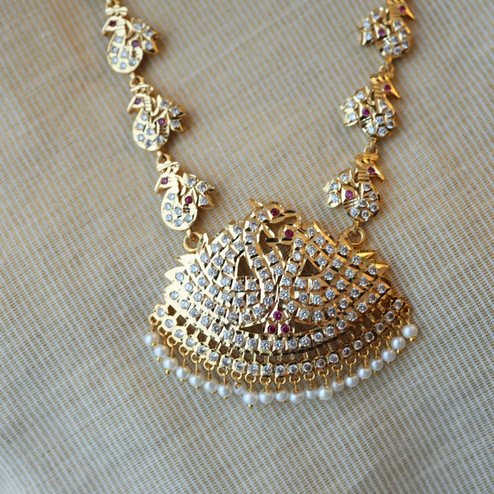 Heritage gold plated white padakam long necklace with earrings HL166