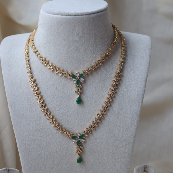 Heritage gold plated green and white stone long and short necklace with earrings HLS123