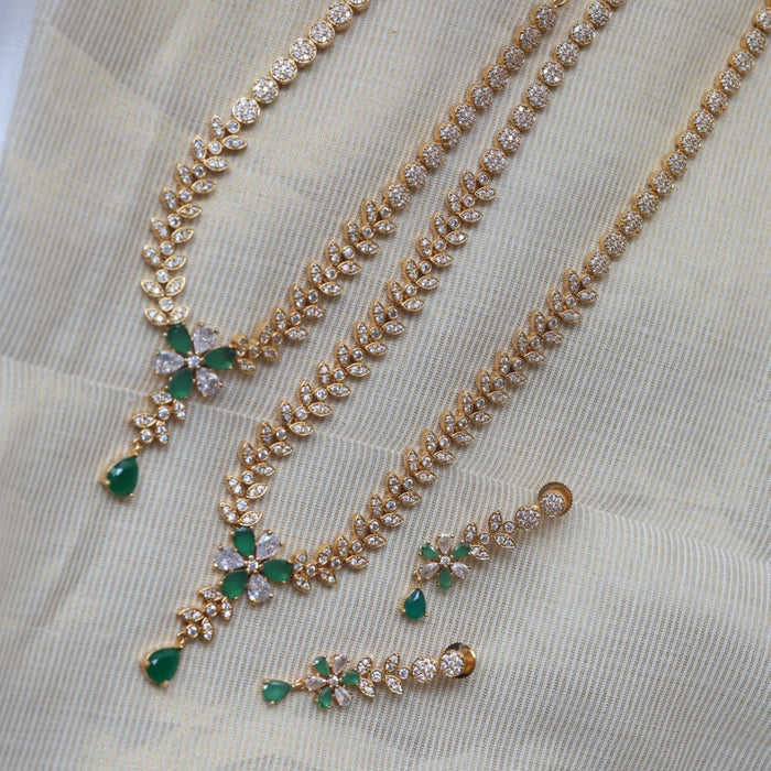 Heritage gold plated green and white stone long and short necklace with earrings HLS123