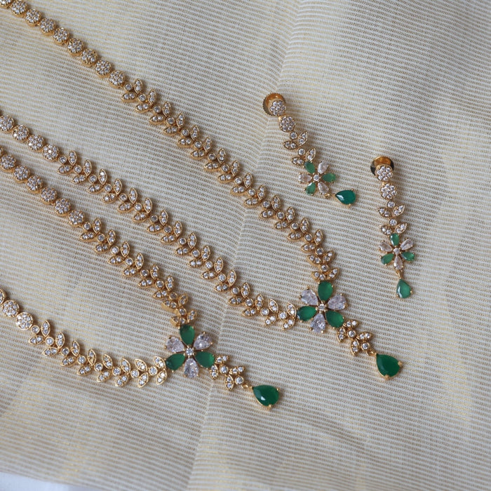 Heritage gold plated green and white stone long and short necklace with earrings HLS123