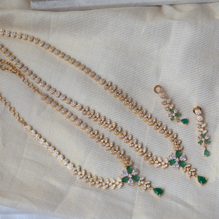 Heritage gold plated green and white stone long and short necklace with earrings HLS123