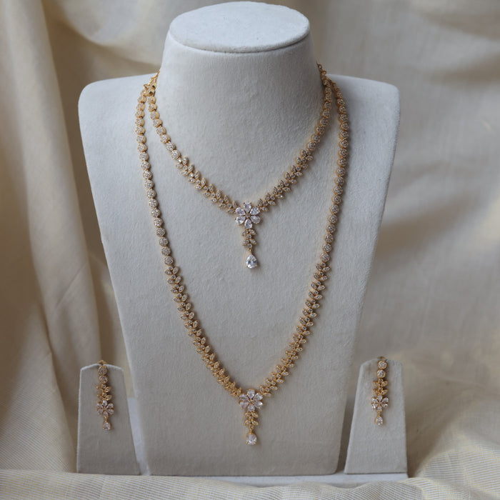 Heritage gold plated white stone long and short necklace with earrings HLS1105