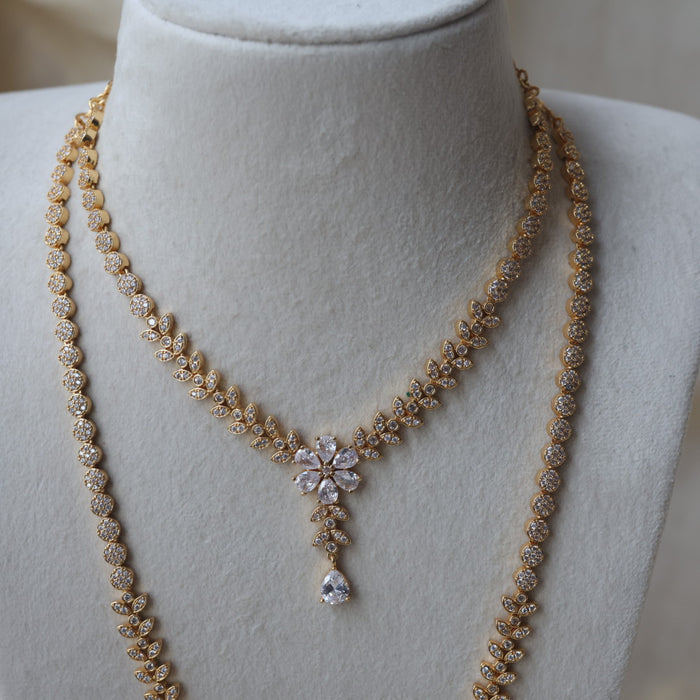 Heritage gold plated white stone long and short necklace with earrings HLS1105