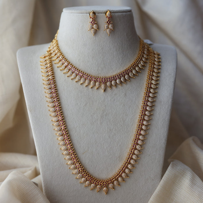Heritage gold plated ruby white stone mango long  and short necklace HLS78923