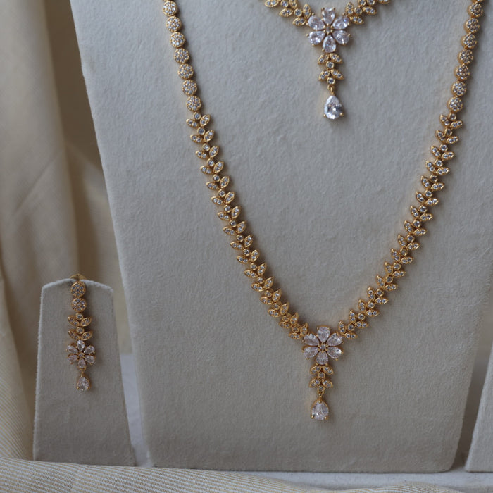 Heritage gold plated white stone long and short necklace with earrings HLS1105