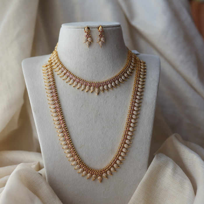 Heritage gold plated ruby white stone mango long  and short necklace HLS78923