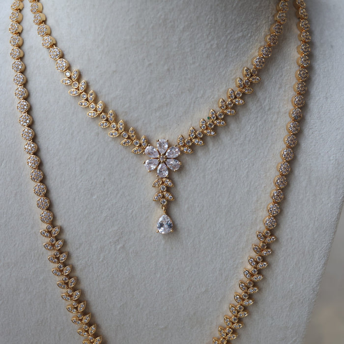 Heritage gold plated white stone long and short necklace with earrings HLS1105