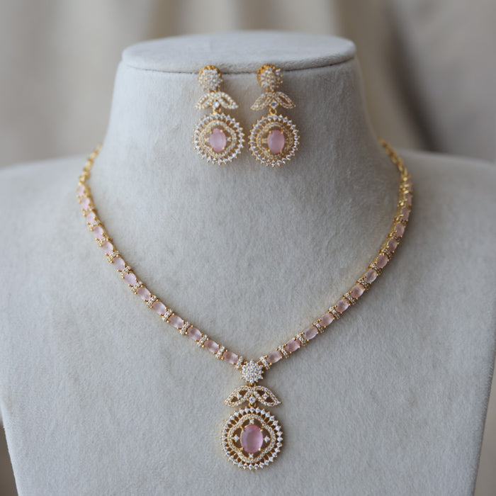 Heritage gold plated pink stone short necklace with earrings H7822