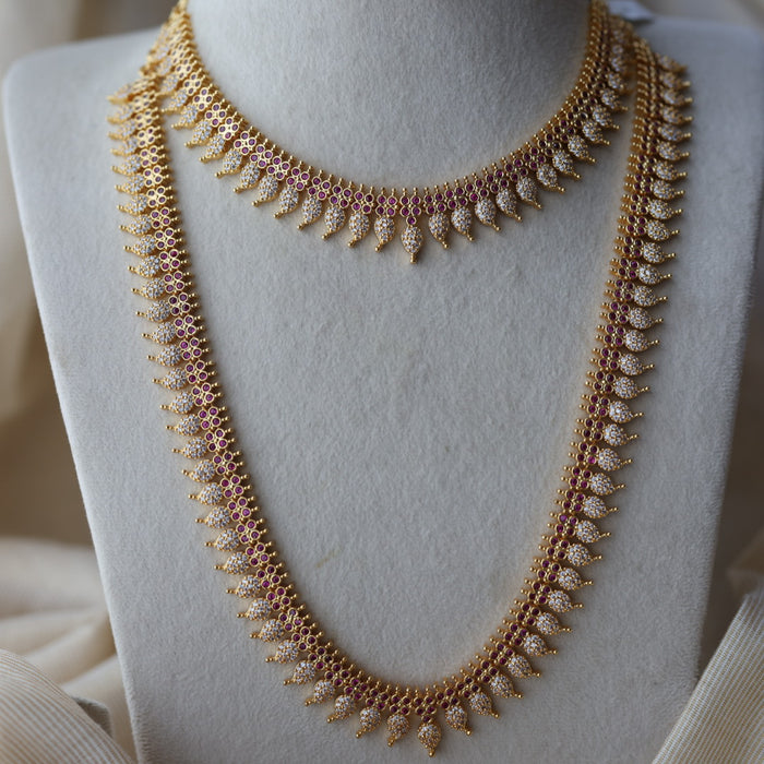 Heritage gold plated ruby white stone mango long  and short necklace HLS78923
