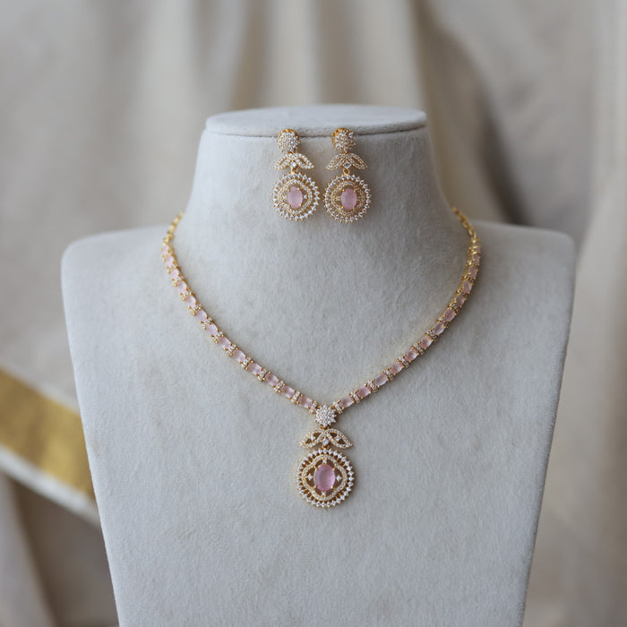 Heritage gold plated pink stone short necklace with earrings H7822