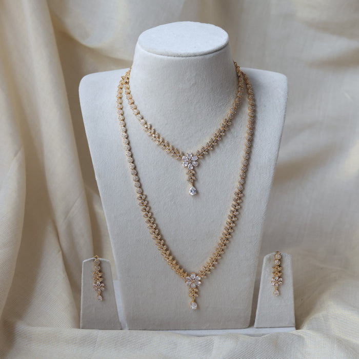 Heritage gold plated white stone long and short necklace with earrings HLS1105