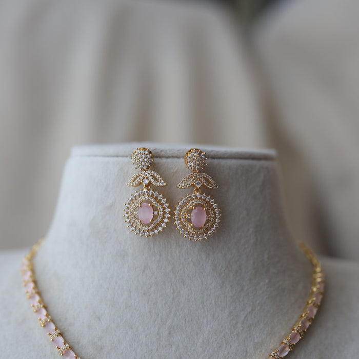 Heritage gold plated pink stone short necklace with earrings H7822