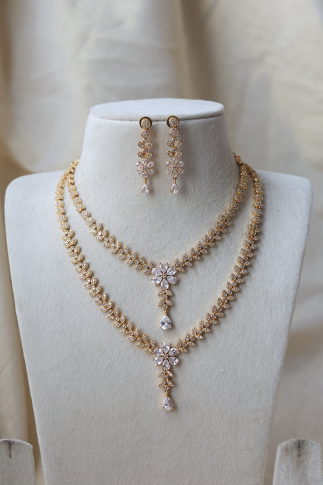 Heritage gold plated white stone long and short necklace with earrings HLS1105