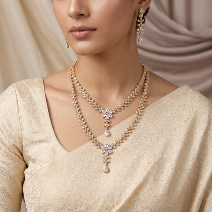 Heritage gold plated white stone long and short necklace with earrings HLS1105