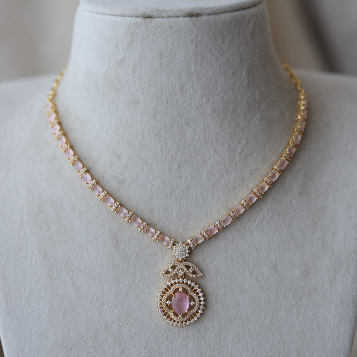 Heritage gold plated pink stone short necklace with earrings H7822