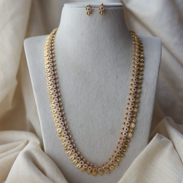 Heritage gold plated ruby white stone coin long necklace with earrins HL8002