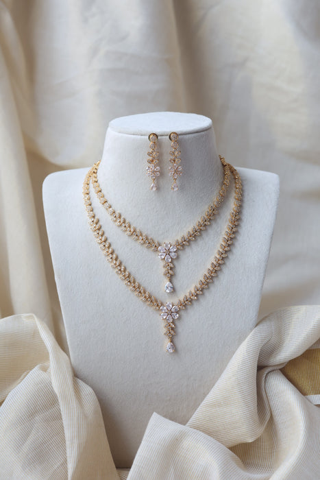 Heritage gold plated white stone long and short necklace with earrings HLS1105