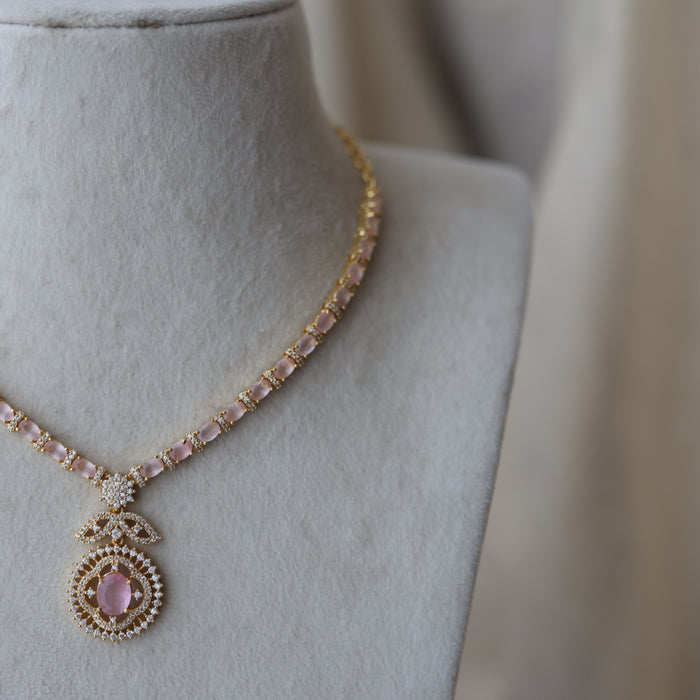 Heritage gold plated pink stone short necklace with earrings H7822