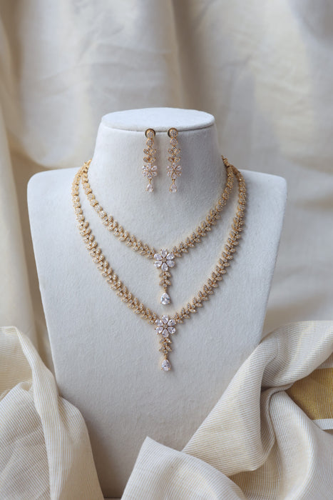 Heritage gold plated white stone long and short necklace with earrings HLS1105