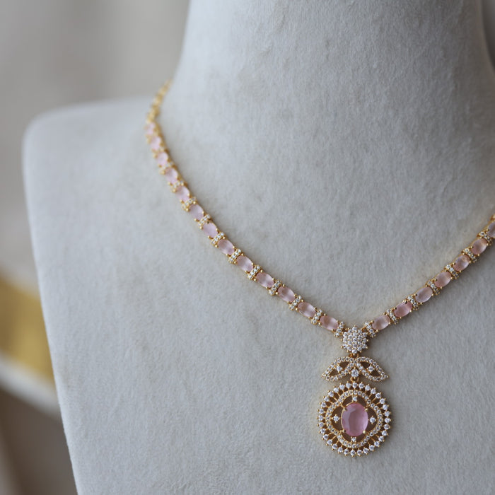 Heritage gold plated pink stone short necklace with earrings H7822