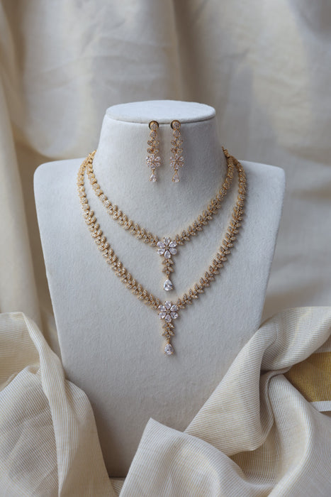 Heritage gold plated white stone long and short necklace with earrings HLS1105