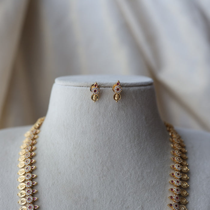 Heritage gold plated ruby white stone coin long necklace with earrins HL8002
