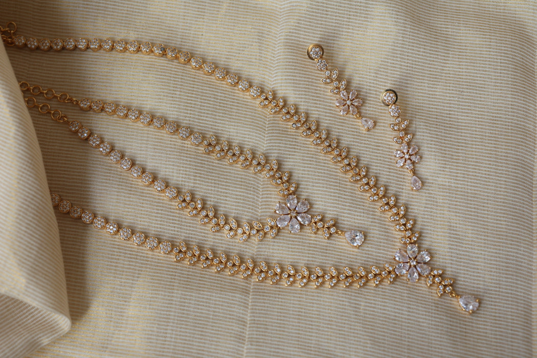 Heritage gold plated white stone long and short necklace with earrings HLS1105