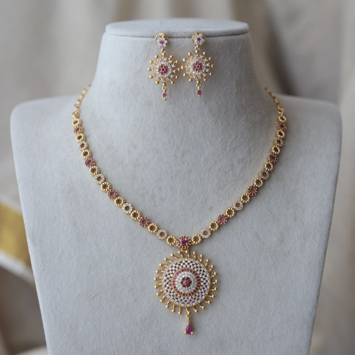 Heritage gold plated ruby white stone short necklace with earrings H792