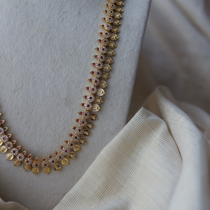 Heritage gold plated ruby white stone coin long necklace with earrins HL8002