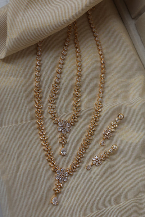 Heritage gold plated white stone long and short necklace with earrings HLS1105