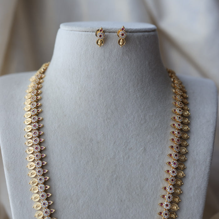 Heritage gold plated ruby white stone coin long necklace with earrins HL8002