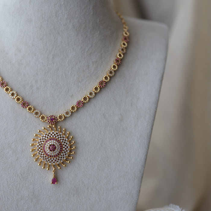 Heritage gold plated ruby white stone short necklace with earrings H792