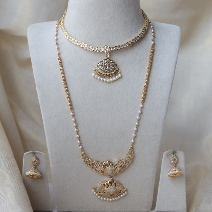 Heritage gold plated white stone long and short necklace with earrings HLS1109