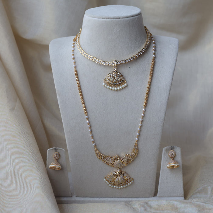 Heritage gold plated white stone long and short necklace with earrings HLS1109