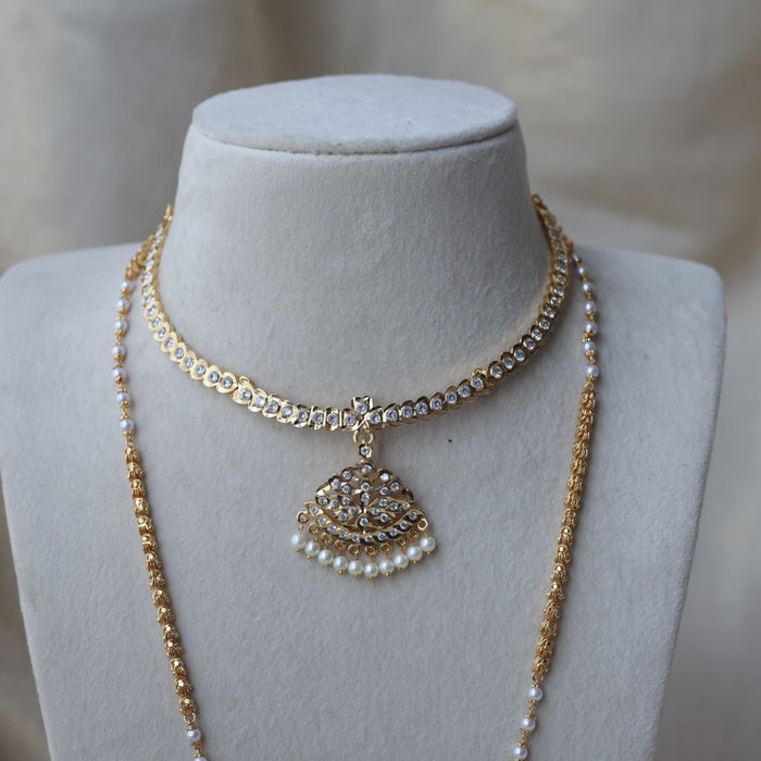 Heritage gold plated white stone long and short necklace with earrings HLS1109