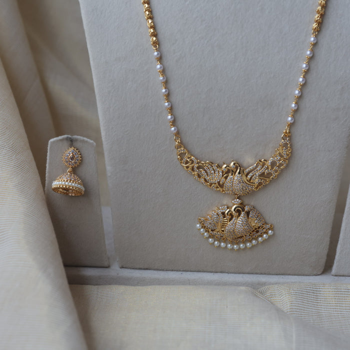 Heritage gold plated white stone long and short necklace with earrings HLS1109