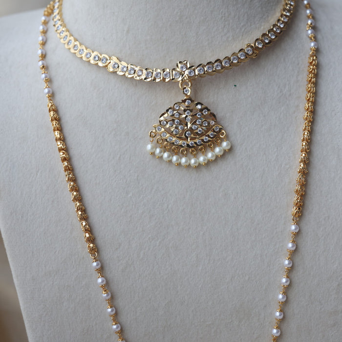 Heritage gold plated white stone long and short necklace with earrings HLS1109