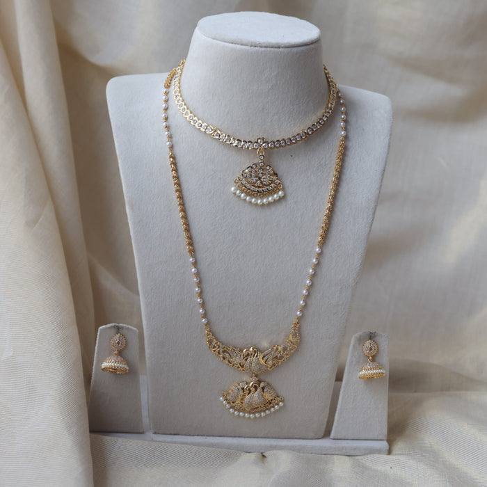 Heritage gold plated white stone long and short necklace with earrings HLS1109