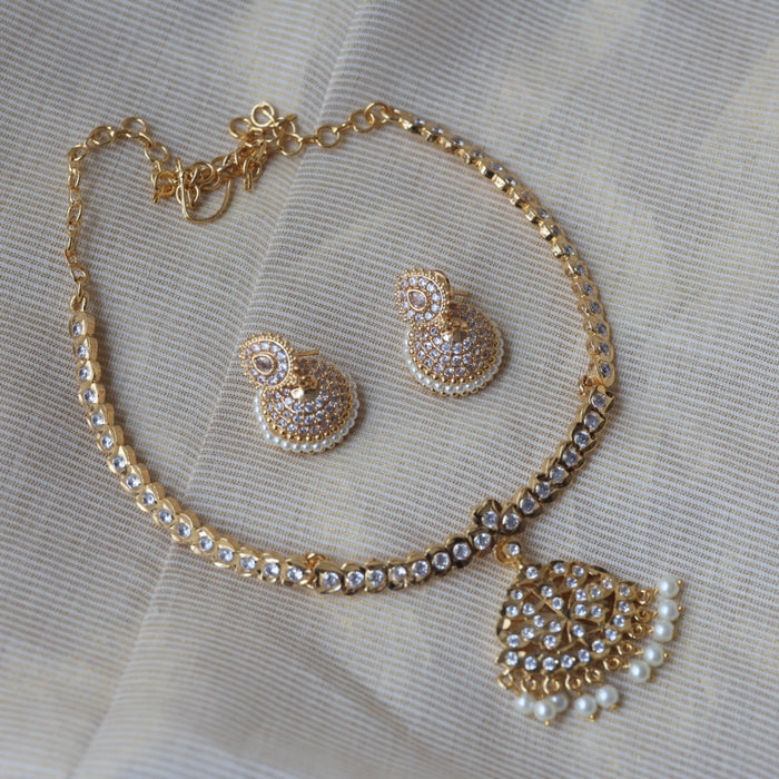 Heritage gold plated white stone long and short necklace with earrings HLS1109