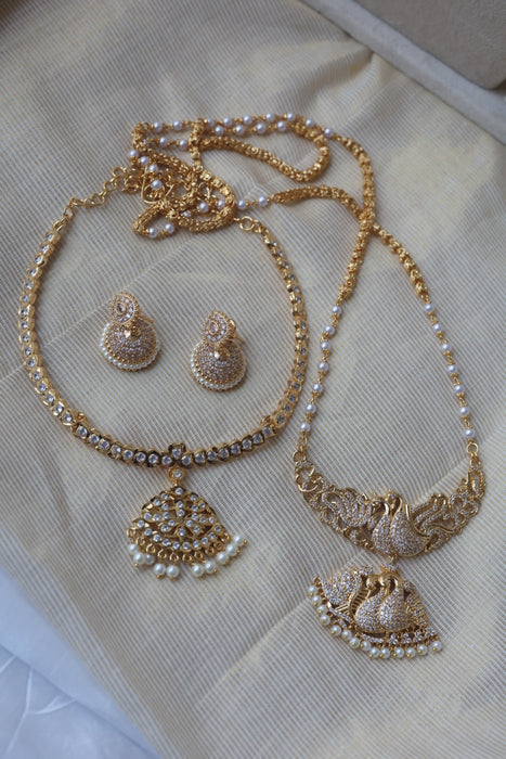 Heritage gold plated white stone long and short necklace with earrings HLS1109