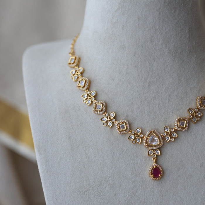 Heritage gold plated ruby white stone short necklace with earrings H8252
