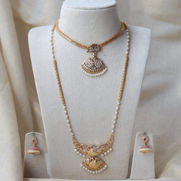 Heritage gold plated ruby white stone long and short necklace with earrings HLS1190