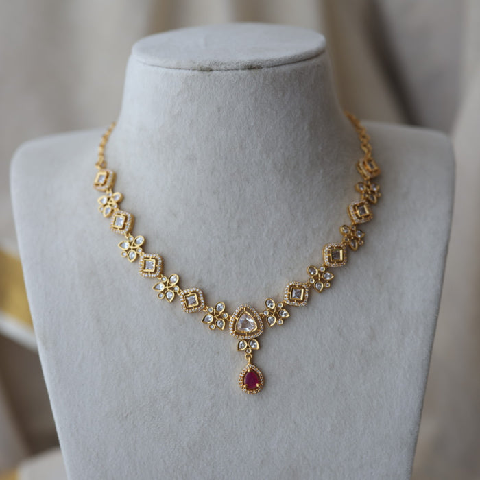 Heritage gold plated ruby white stone short necklace with earrings H8252