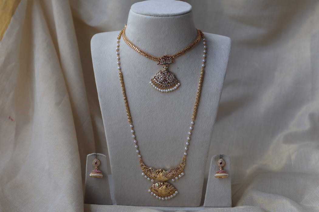 Heritage gold plated ruby white stone long and short necklace with earrings HLS1190