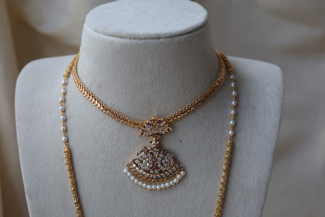 Heritage gold plated ruby white stone long and short necklace with earrings HLS1190