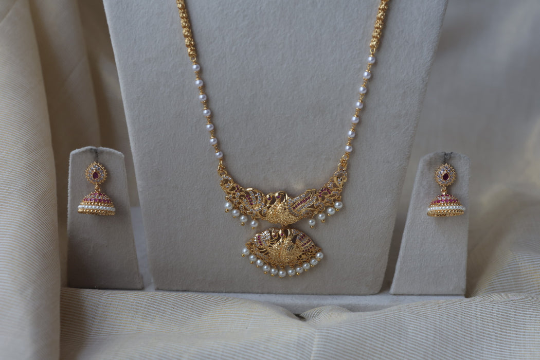 Heritage gold plated ruby white stone long and short necklace with earrings HLS1190