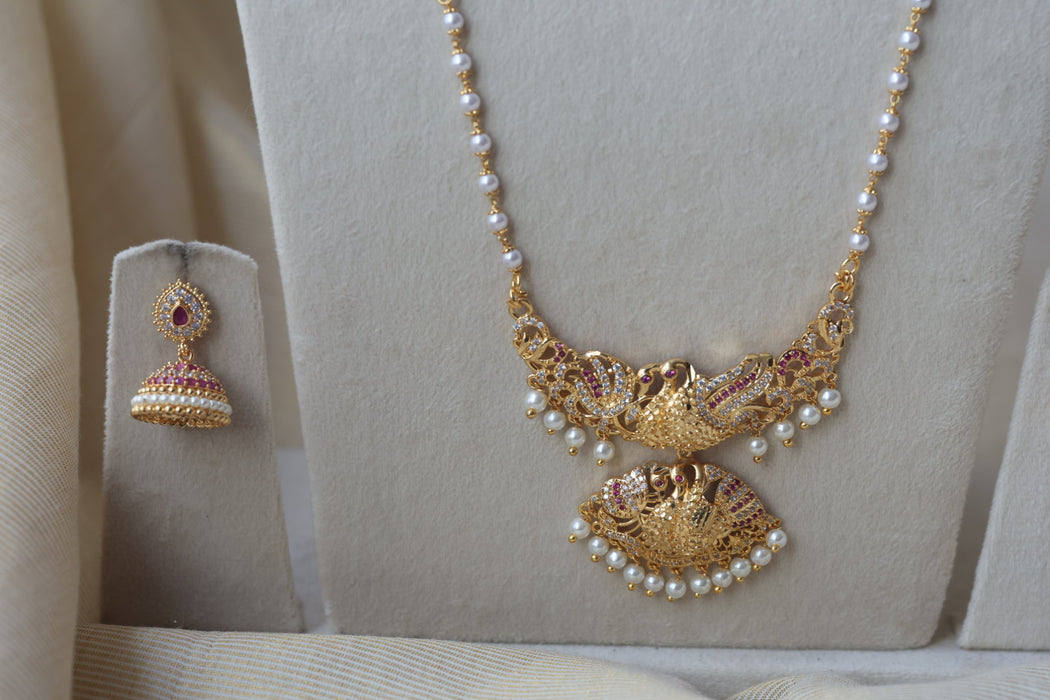 Heritage gold plated ruby white stone long and short necklace with earrings HLS1190